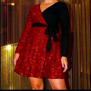 ❤️Plus Size ColorBlock Surplice Red and Black Sequence Dress